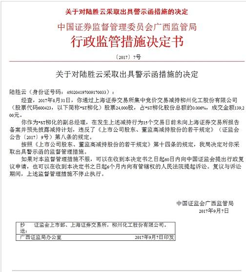 ST柳化副总经理陆胜云违规减持被广西监管局出具警示函-广西柳州化工控股有限公司关联交易