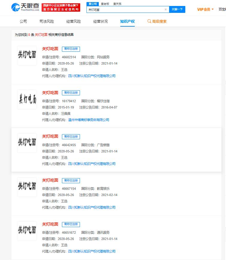 关灯吃面商标已被多方注册