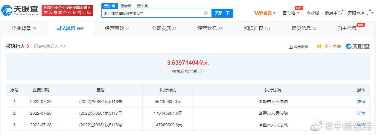 洁丽雅被强制执行3.6亿