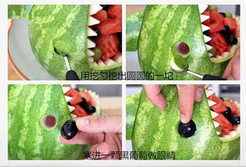 西瓜雕花基本步骤图，教你如何把西瓜雕刻成鲨鱼果盘