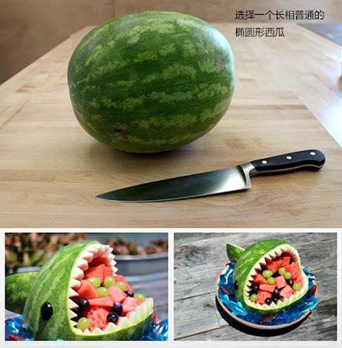 西瓜雕花基本步骤图，教你如何把西瓜雕刻成鲨鱼果盘
