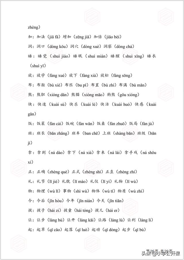 部编版一年级生字组词电脑版，全课生字注音、笔顺、组词