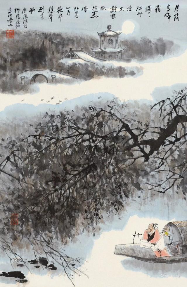 春山夜月诗配画，诗意画月落乌啼霜满天