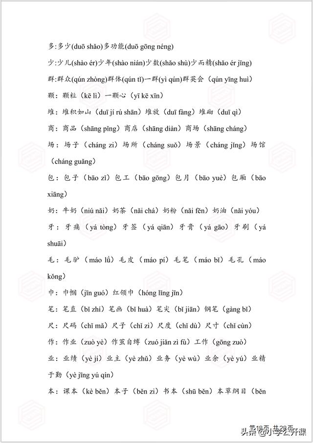 部编版一年级生字组词电脑版，全课生字注音、笔顺、组词