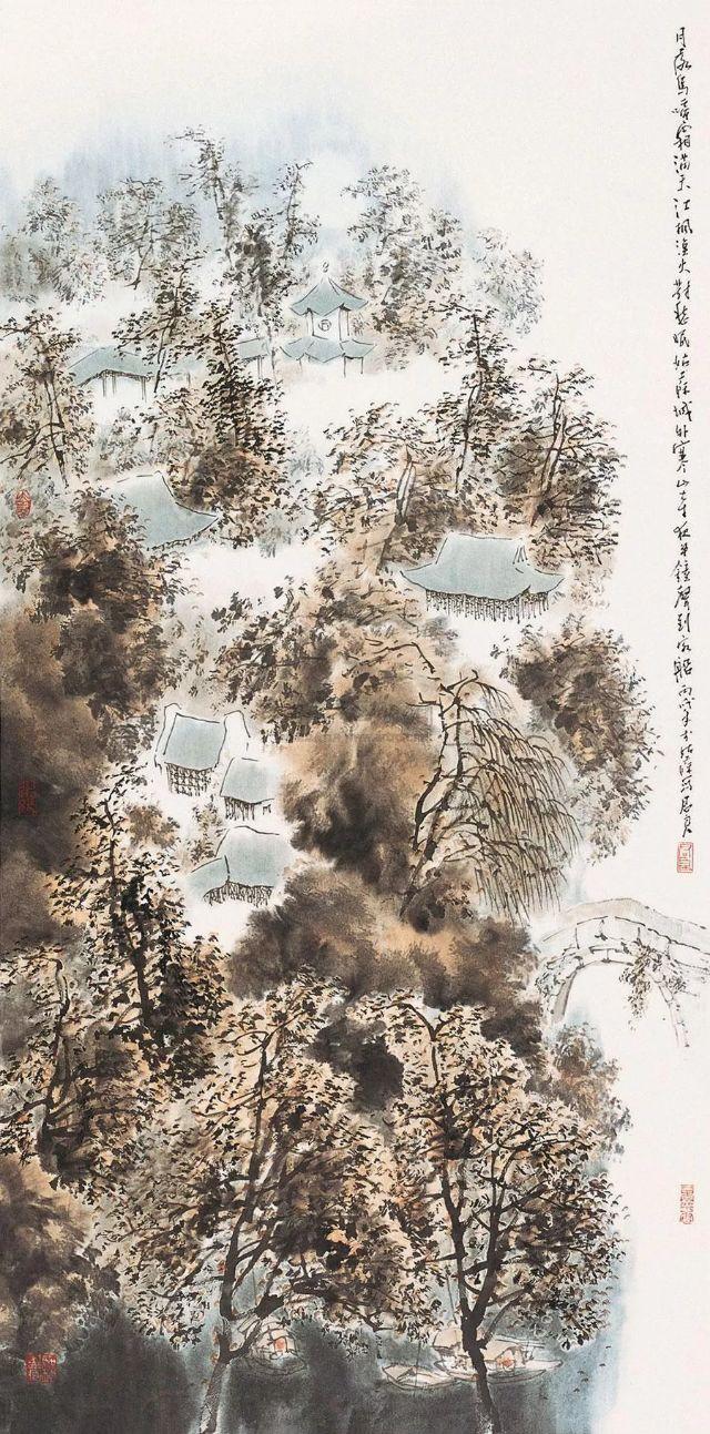 春山夜月诗配画，诗意画月落乌啼霜满天