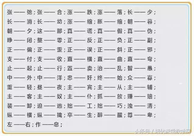 一年级上册反义词，一年级上册语文反义词必考（<上>全册近义词、反义词）