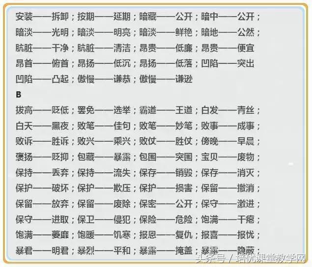 一年级上册反义词，一年级上册语文反义词必考（<上>全册近义词、反义词）