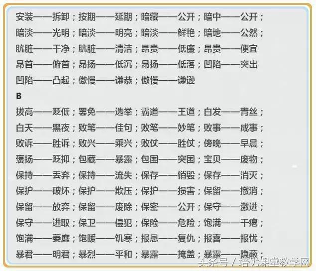 一年级上册反义词，一年级上册语文反义词必考（全册近义词、反义词）