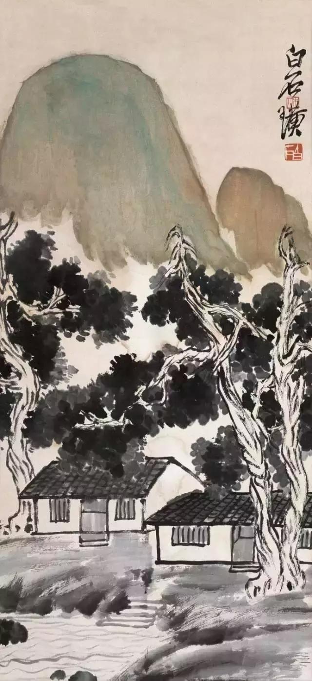 瀑布山水画图片，齐白石经典山水画瀑布