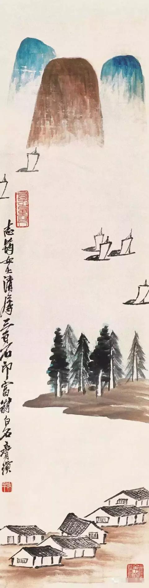 瀑布山水画图片，齐白石经典山水画瀑布