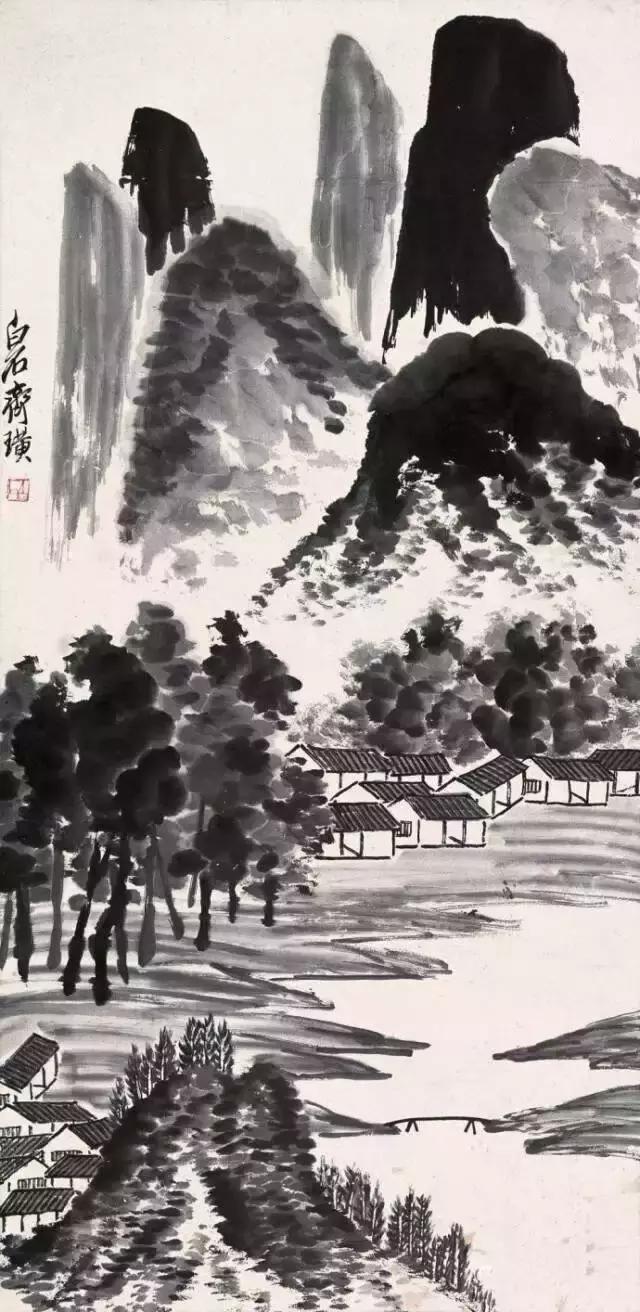 瀑布山水画图片，齐白石经典山水画瀑布