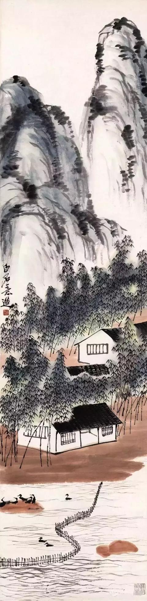 瀑布山水画图片，齐白石经典山水画瀑布