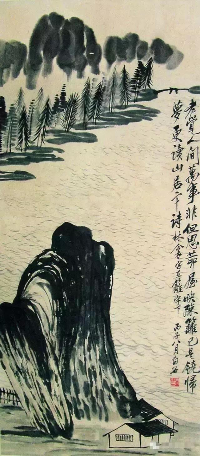 瀑布山水画图片，齐白石经典山水画瀑布