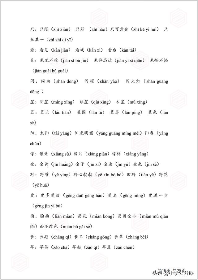 部编版一年级生字组词电脑版，全课生字注音、笔顺、组词