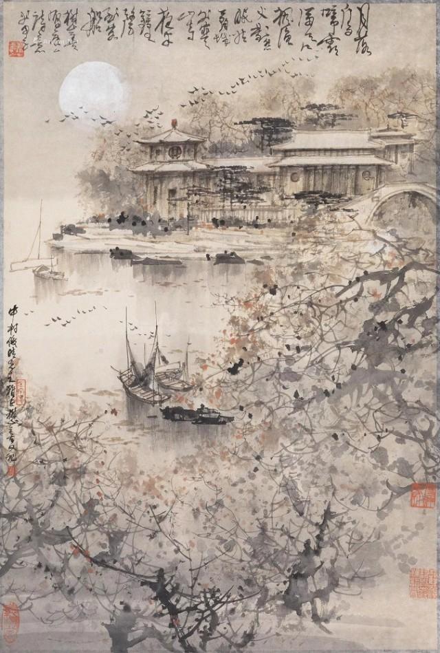 春山夜月诗配画，诗意画月落乌啼霜满天