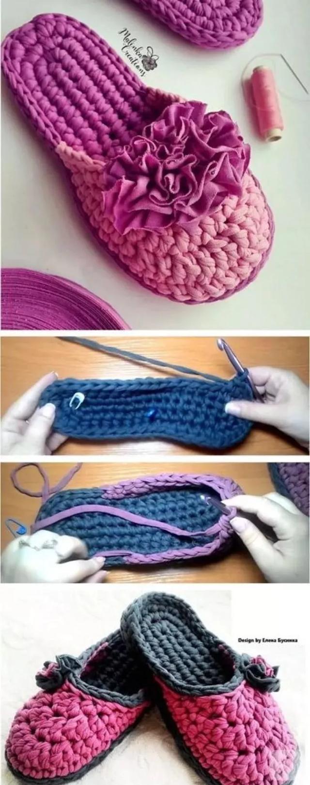适合新手钩织的毛线拖鞋教程，家里有织女拖鞋不用买