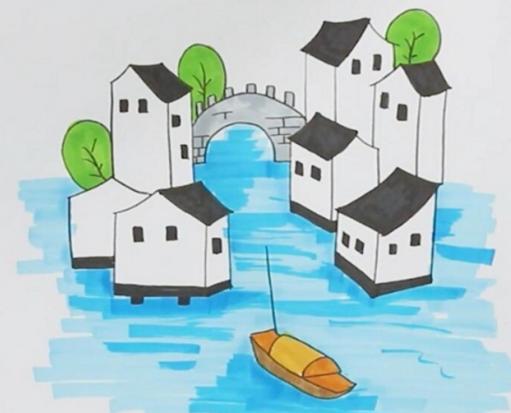江南水乡简笔画，一年级简笔画江南（一组简单漂亮的山水田园风景简笔画）