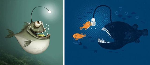 儿童画蝙蝠鱼创意画，鱼和手抄报、树林主题儿童画作品欣赏