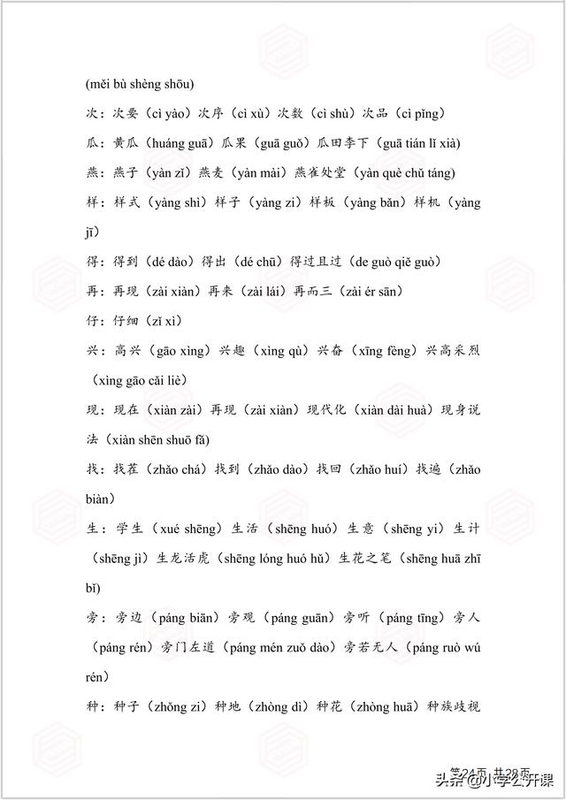 部编版一年级生字组词电脑版，全课生字注音、笔顺、组词