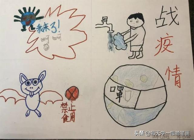 小学生画防疫情的简笔画抗疫小学生画画作品