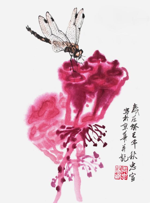 国画简单蓝蜻蜓的画法，画点荷花和蜻蜓给这个夏天降降暑