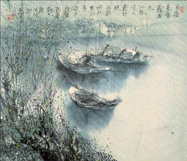 春山夜月诗配画，诗意画月落乌啼霜满天