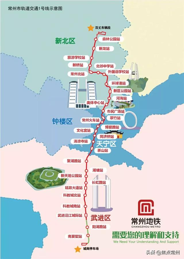 常州地铁一号线站台，常州轨道交通运营线路图