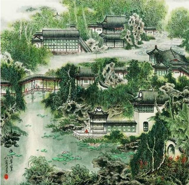 苏州园林简笔画，国画里的苏州园林（苏州园林国画全景图简笔画）