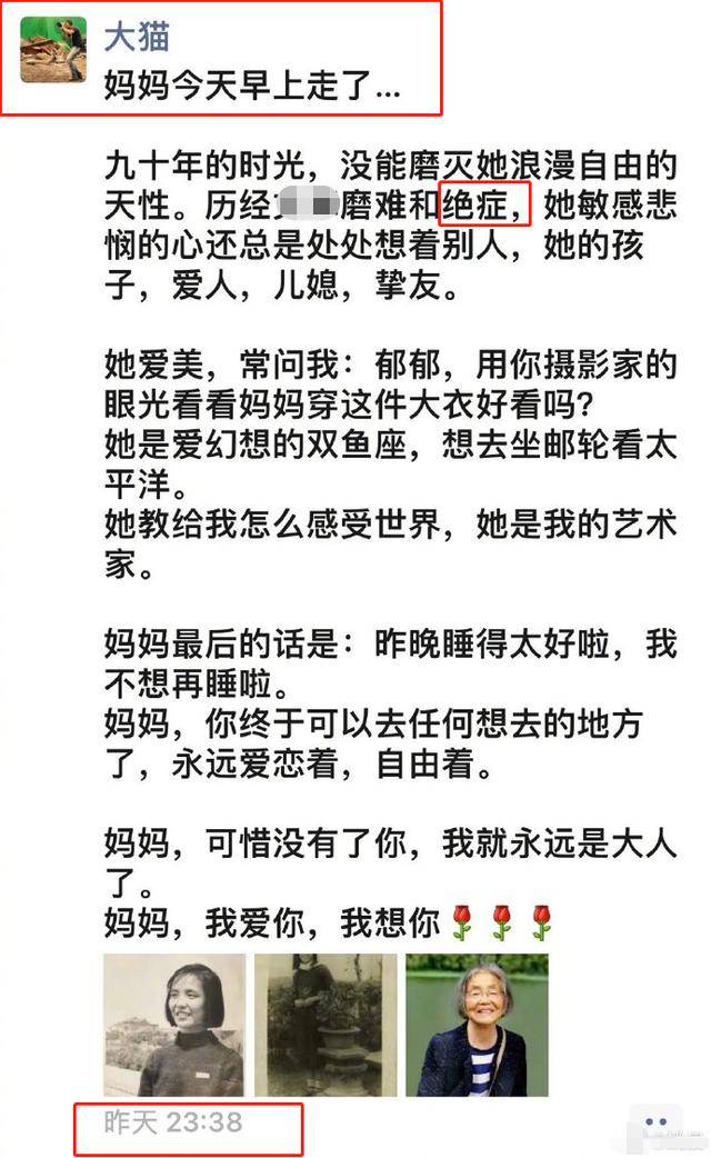 41岁姚晨近照曝光变到让人认不出，姚晨发长文悼念90岁婆婆