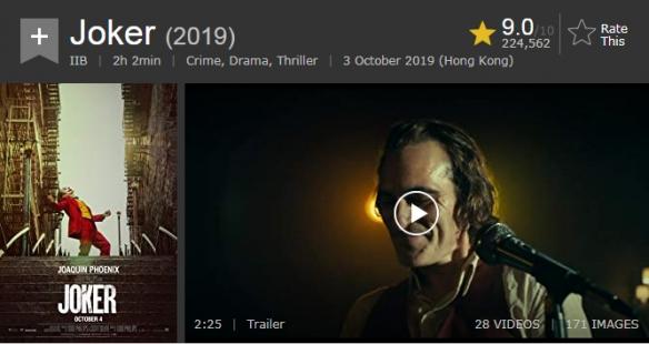 小丑dc官方预告，小丑进入IMDb评分前十