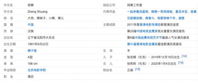 郑爽个人信息资料，郑爽个人资料再度更新