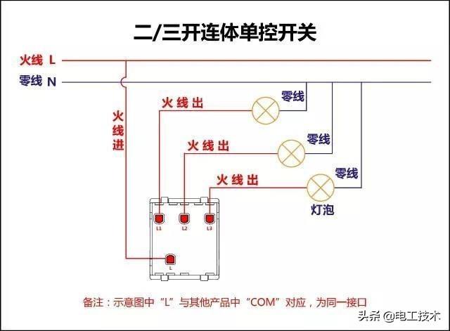 三开单控开关怎么接线，三开单控开关接线图详解