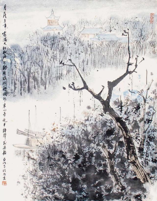 春山夜月诗配画，诗意画月落乌啼霜满天