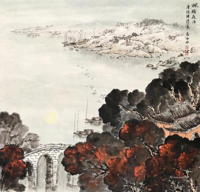 春山夜月诗配画，诗意画月落乌啼霜满天