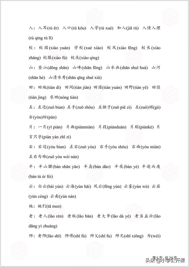 部编版一年级生字组词电脑版，全课生字注音、笔顺、组词