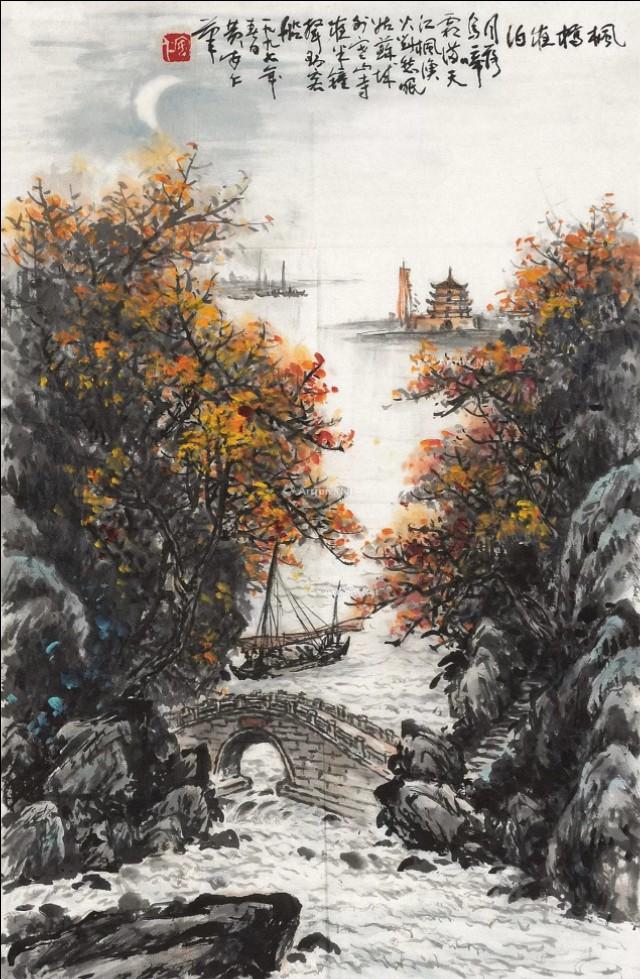 春山夜月诗配画，诗意画月落乌啼霜满天