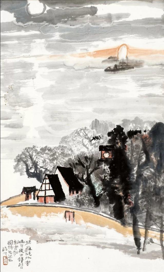 春山夜月诗配画，诗意画月落乌啼霜满天