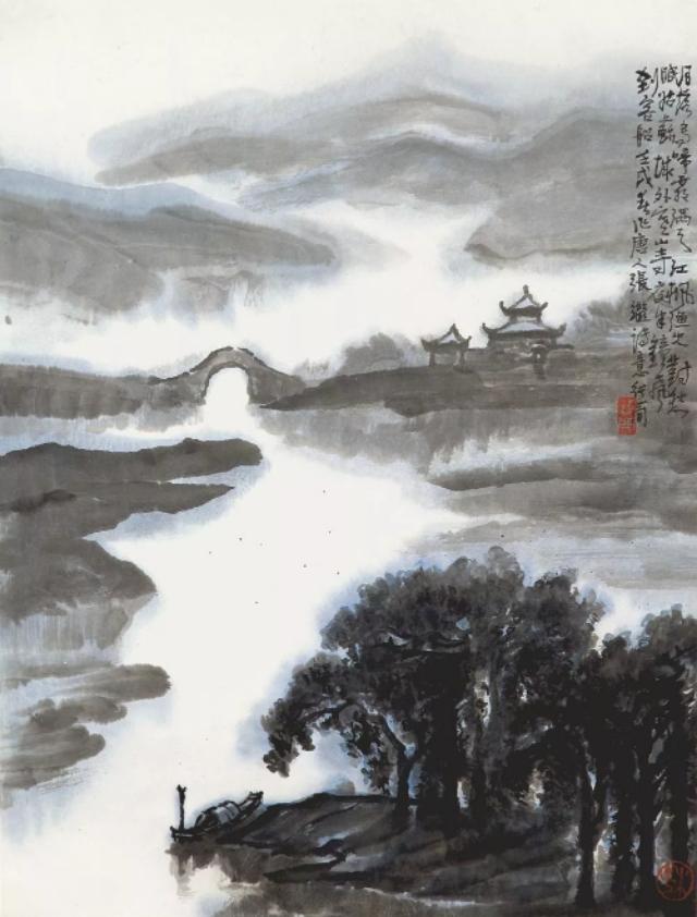 春山夜月诗配画，诗意画月落乌啼霜满天