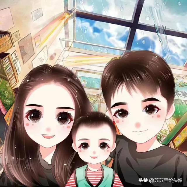 一家三口漫画头像，卡通全家福头像一家三口