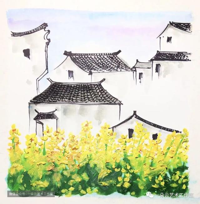 儿童创意画油菜花，儿童创意美术-江南春景油菜花
