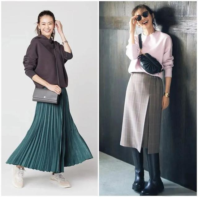 卫衣半裙早秋混搭时髦有女人味，卫衣＋半裙＝时髦又有女人味的早秋穿搭