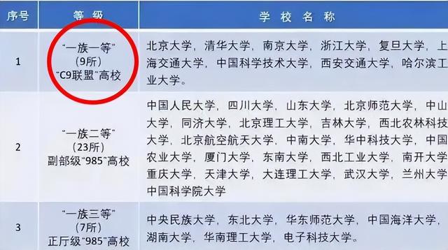 大学划分的四个等级，国内大学共有8大等级