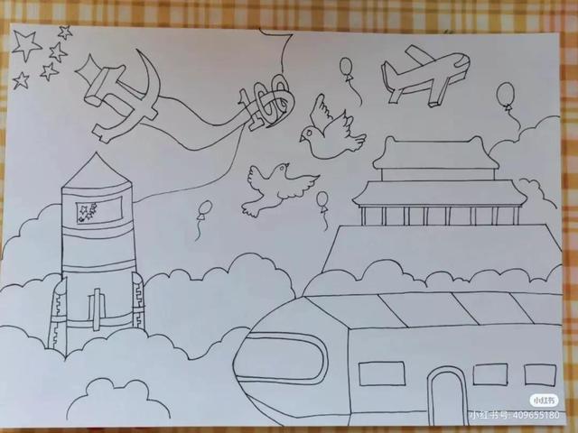 国庆节主题绘画简易画，彩色线描简笔画风格