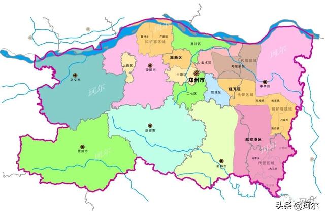 郑南新区规划图，涉及郑南新城、航空港多个组团、平原健康谷、郑西大学城等