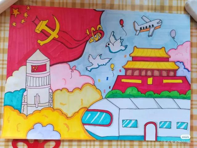 国庆节主题绘画简易画，彩色线描简笔画风格