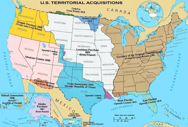 美国版世界地图，一张以美国为中心的世界地图（呈直线规则布局的美国地图）