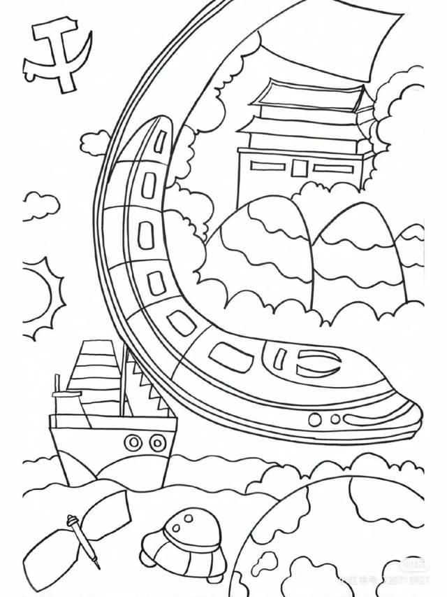 国庆节主题绘画简易画，彩色线描简笔画风格