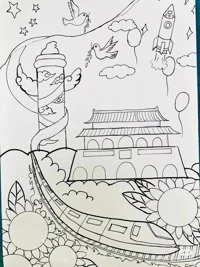 国庆节主题绘画简易画，彩色线描简笔画风格