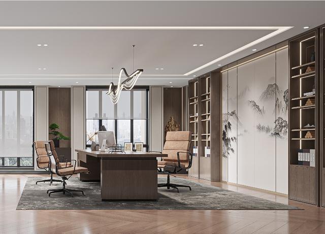 办公室工装设计效果图，工装案例420m²新中式办公室设计