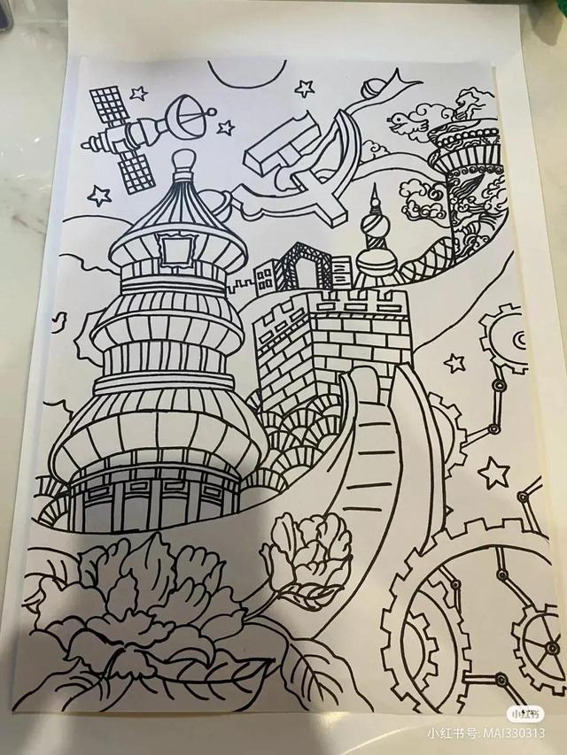 国庆节主题绘画简易画，彩色线描简笔画风格